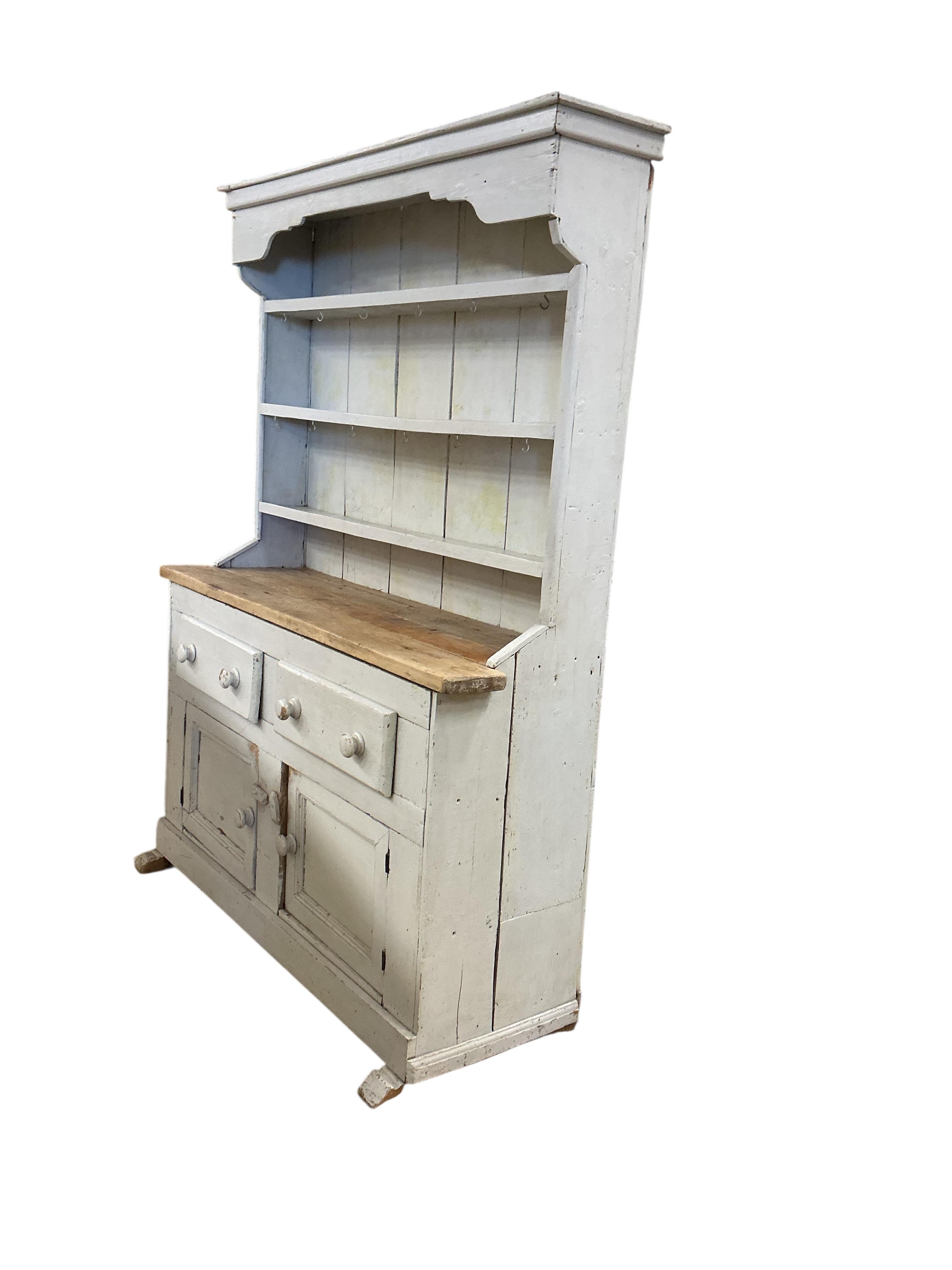A Victorian style painted pine dresser, width 132cm, depth 43cm, height 182cm - to report